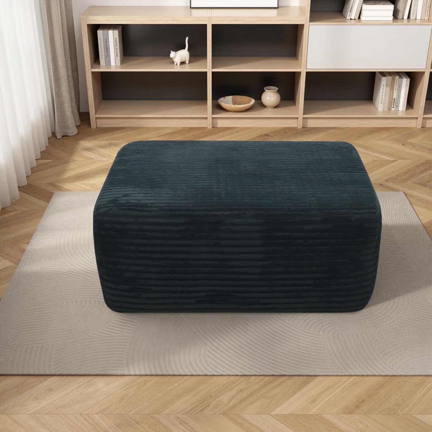 37'' Oversized Ottoman Bench, Plush Corduroy Poufs Foot Tool, Fluffy Boneless Couch Footrest Padded Seat, Seat Cube for Living Room No Assembly (Black)