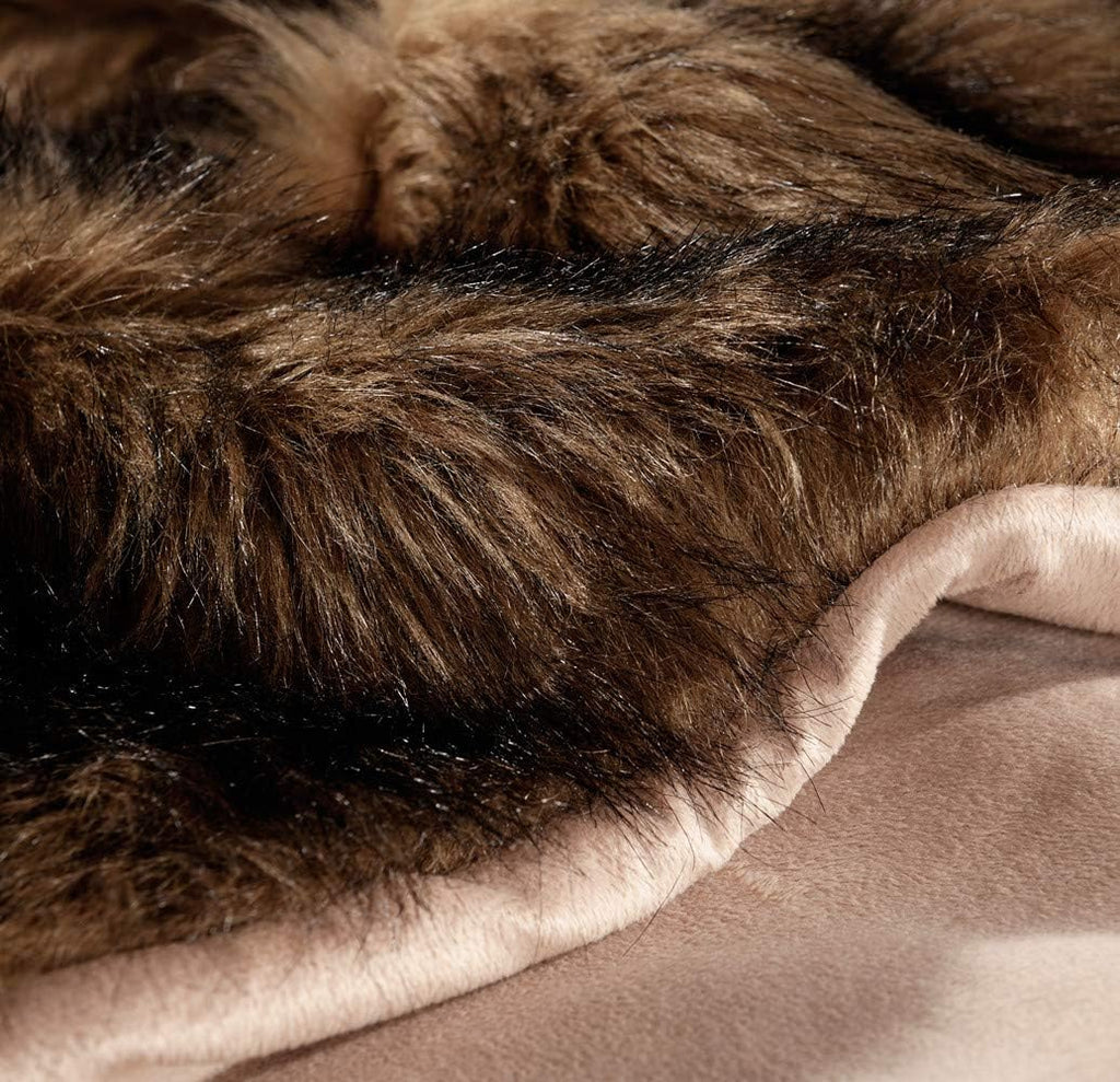 Luxury Plush Faux Fur Blanket King Size, Long Pile Brown with Black Tipped Throws, Oversized Super Warm, Fuzzy, Elegant, Fluffy Decoration Throw Blanket for Sofa, Armchair, Couch and Bed, 104'x90'