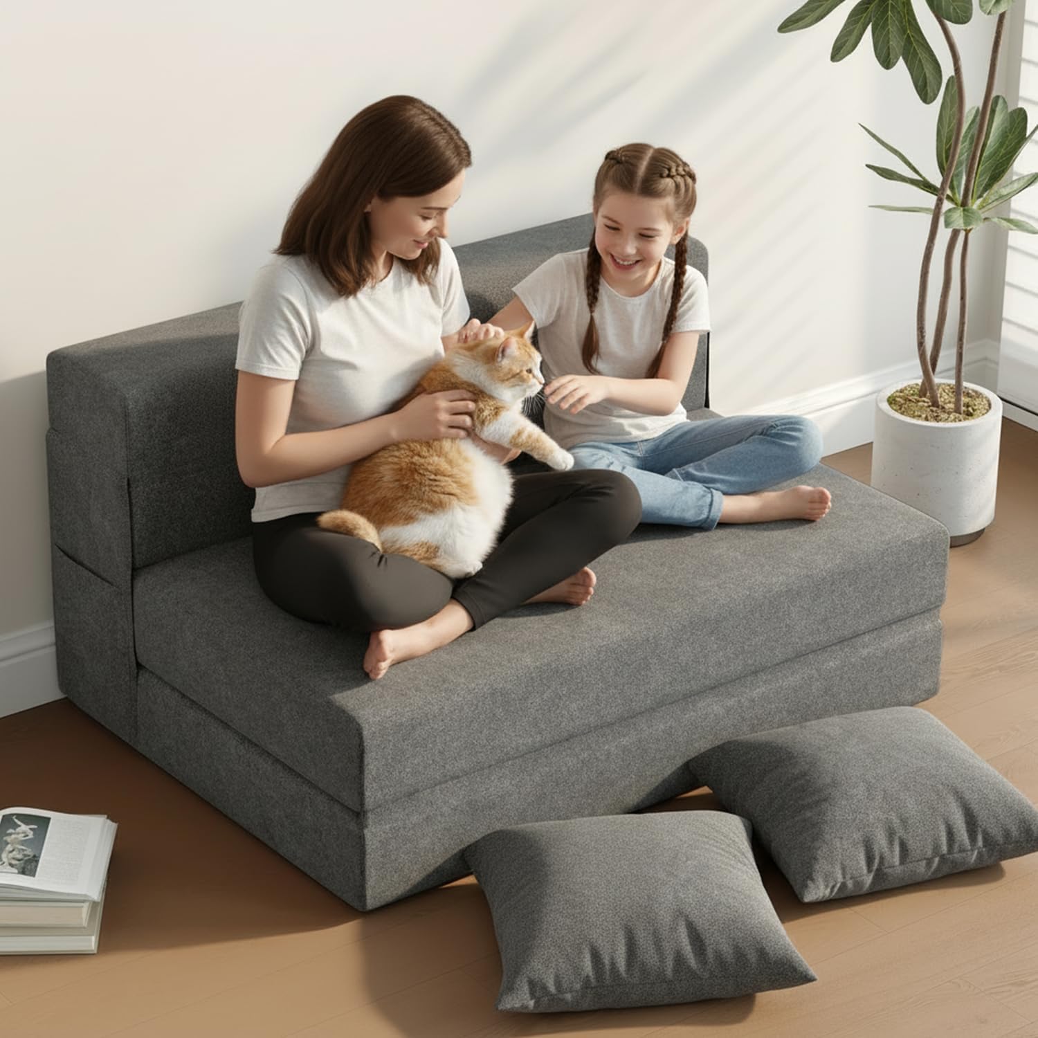 5-in-1 Convertible Folding Sofa Bed - Sleeper Chair with Pillows, Fold Out Chair Bed Futon Couch, Foldable Floor Mattress for Living Room/Dorm/Guest Use/Home Office/Apartment, Twin, Dark Grey