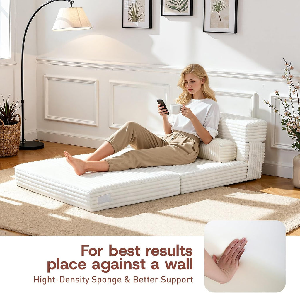YEPDIN Folding Sofa Bed,Convertible Sofa Bed with Armrest Foldable Sleeper Chair, Portable Folding 4-in-1 Floor Sofa with Convertible Lounge Chair for Living Room,Bedroom,Washable Cover,White Single