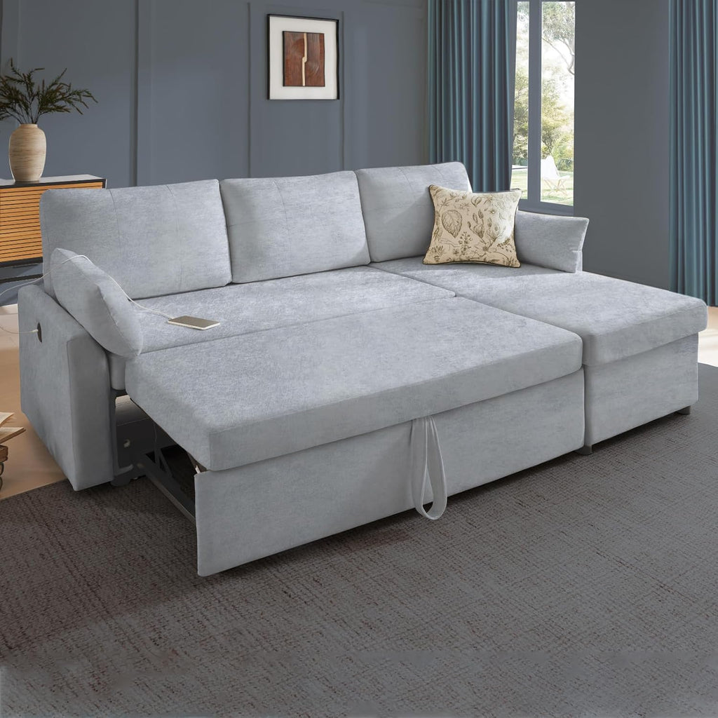Waxberry 85' L Shaped Sectional Sofa Couch, Pull Out Couch Sleeper Sofa Bed for Living Room, Modular Chenille Deep Seat Sofa, Reversible Chaise, Storage, Side Pockets & Dual USB/Type-C Ports, Gray
