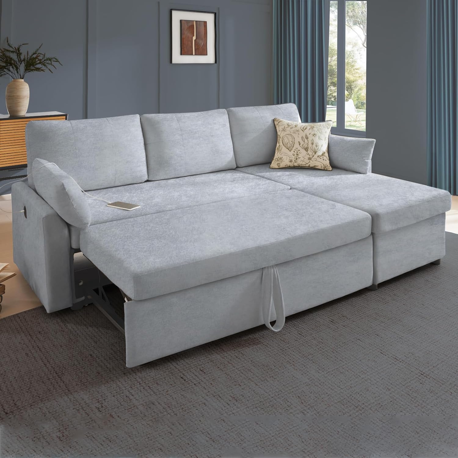 Waxberry 85' L Shaped Sectional Sofa Couch, Pull Out Couch Sleeper Sofa Bed for Living Room, Modular Chenille Deep Seat Sofa, Reversible Chaise, Storage, Side Pockets & Dual USB/Type-C Ports, Gray