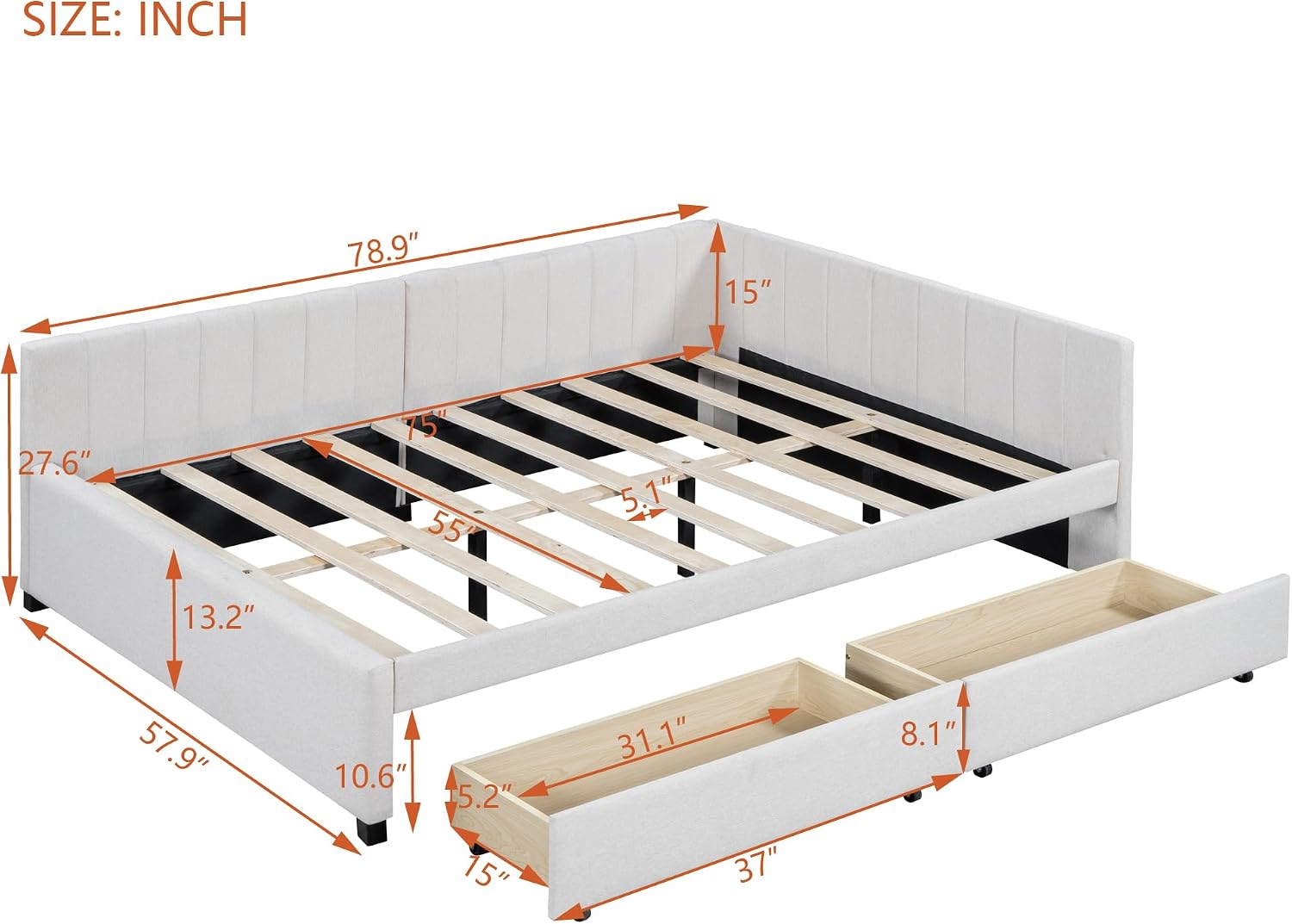 Merax Upholstered Daybed with 2 Storage Drawers, Beige Linen Full Size Sofa Bed Frame, No Box Spring Needed