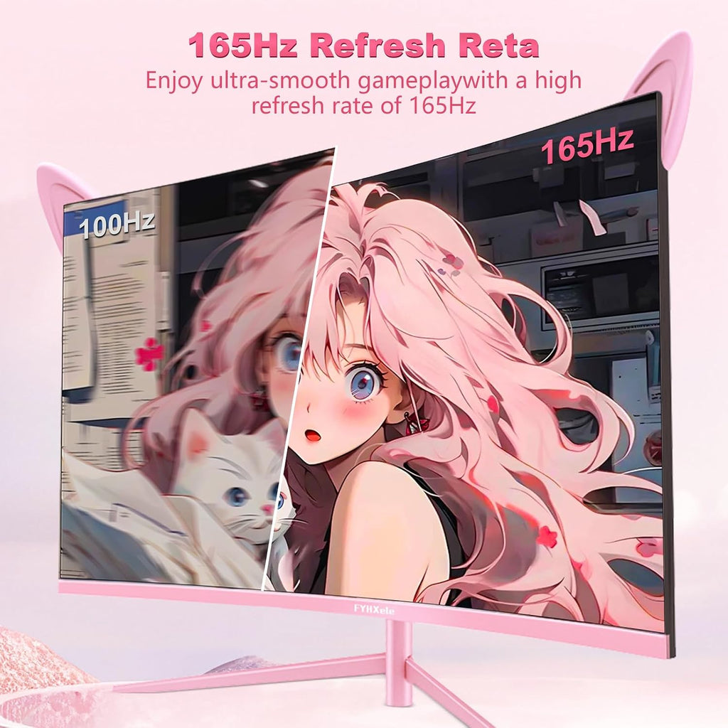 FYHXele FY27QHP Pink Monitor 27 Inch Curved Gaming 165Hz - Support 144Hz 1800R 1ms QHD 2560 x 1440P VA Screen, Built-in Speakers, AMD Free-Sync, HDMI, DP, USB, AUX, Tilt Adjustable