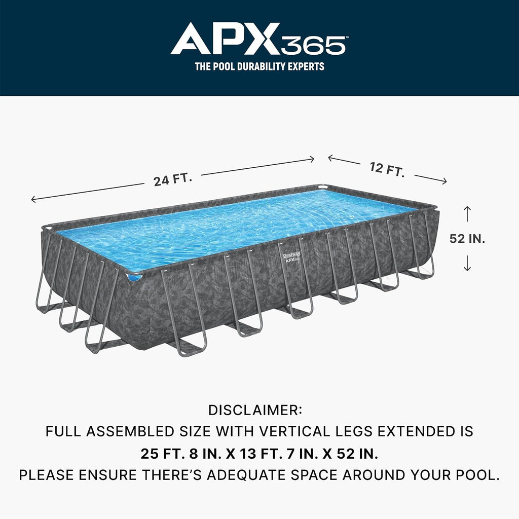 Bestway APX 365 24' x 12' x 52' Above Ground Pool, Rectangular Metal Frame Outdoor Swimming Pool Set with Sand Filter Pump, Ladder, and Cover, Dark Marble