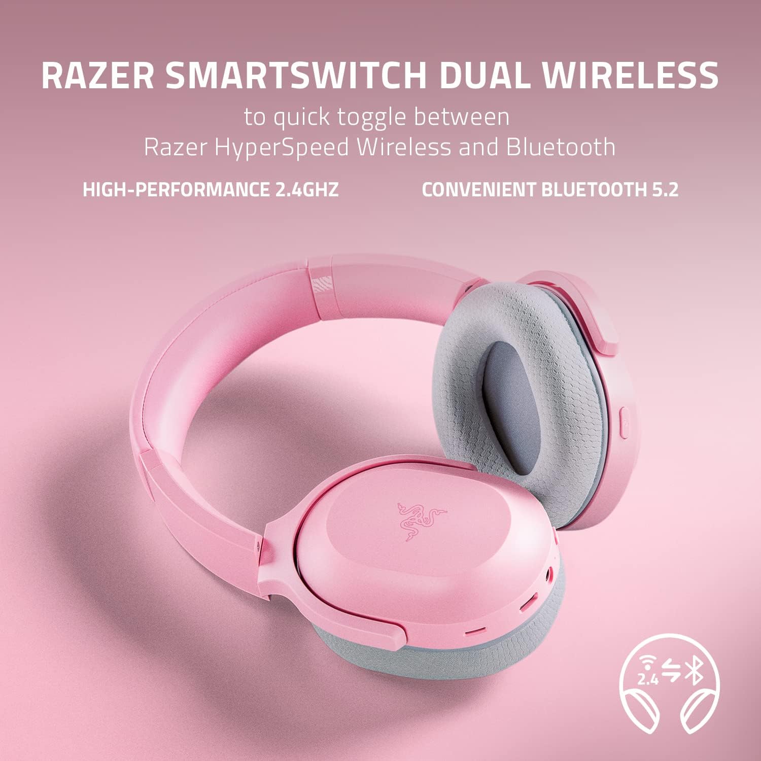 Razer Barracuda Wireless Gaming & Mobile Headset (PC, Playstation, Switch, Android, iOS): 2.4GHz Wireless + Bluetooth - Integrated Noise-Cancelling Mic - 50mm Drivers - Quartz Pink (Renewed)