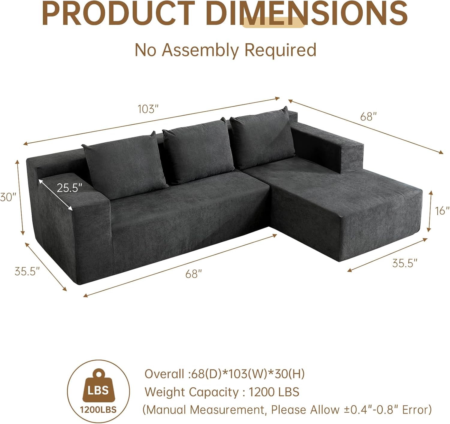ANONER 103' Modular Sectional Sofa, L-Shaped Boneless Sectional Couch, Modern Minimalist Free Combination Foam Sofa with Deep Seat, Living Room & Apartment Furniture, No Assembly Required, Dark Grey