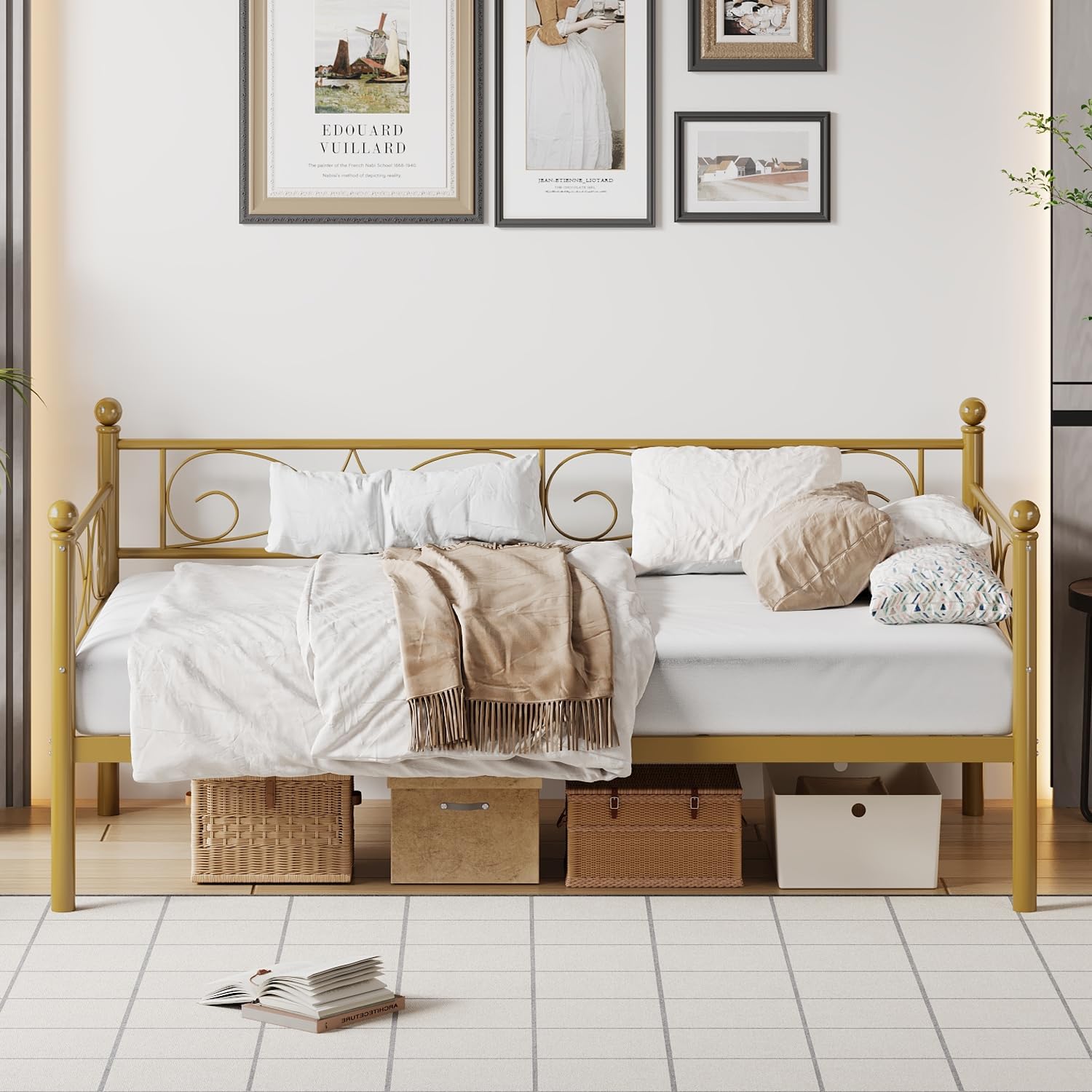 IDEALHOUSE Twin Size Daybed Frame, Metal Sofa Bed Frame, Heavy Duty Metal Slats, Day Bed for Living Room, Bedroom, Guest Room, Space Saving, Gold