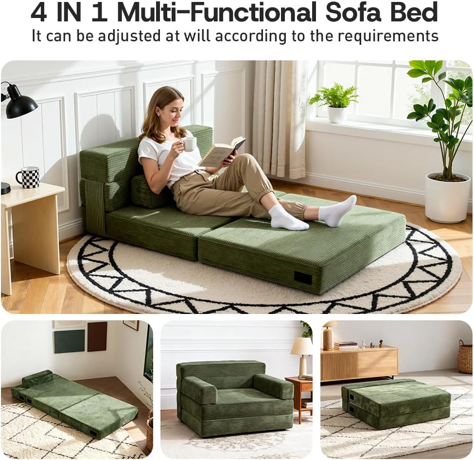 YEPDIN Folding Sofa Bed,Convertible Sofa Bed with Armrest Foldable Sleeper Chair, Portable Folding 4-in-1 Floor Sofa with Convertible Lounge Chair for Living Room,Bedroom,Washable Cover,Green Single