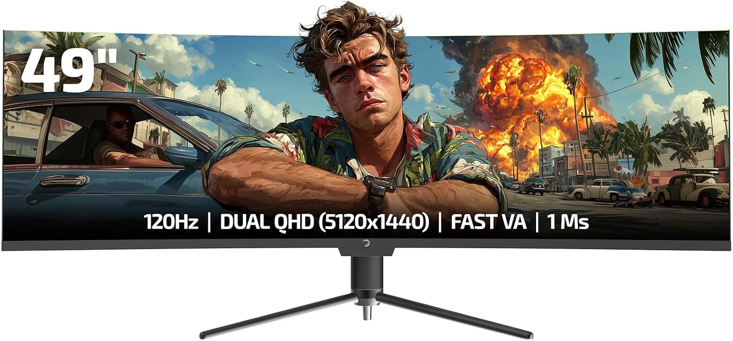 GAMEPOWER DQ 49 inch Curved Ultrawide Gaming Monitor, 5K, 1Ms, 120Hz Refresh Rate, 32:9, DQHD, 5120 x 1440P, R1800, 99% sRGB, HDR400, DisplayPort, Type-C, FreeSync, Gsync, Height - Tilt Adjustable