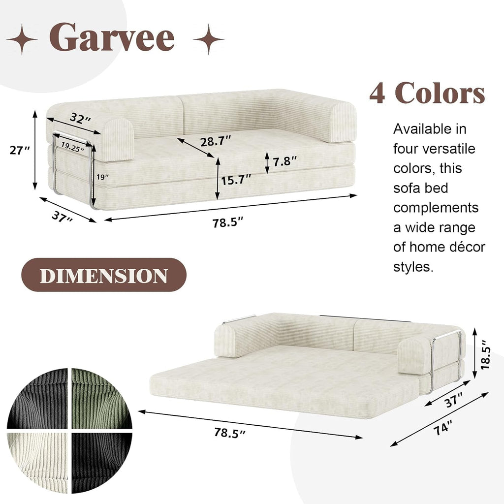Convertible Corduroy Sleeper Sofa Bed,Folding Mattress Couch with Fixed-Shape Frame, 3 Seater Fold Out King Size Futon,No Assembly Floor Couch for Living Room Dorm Studio 78.7*39.4*29.6 Inch Beige