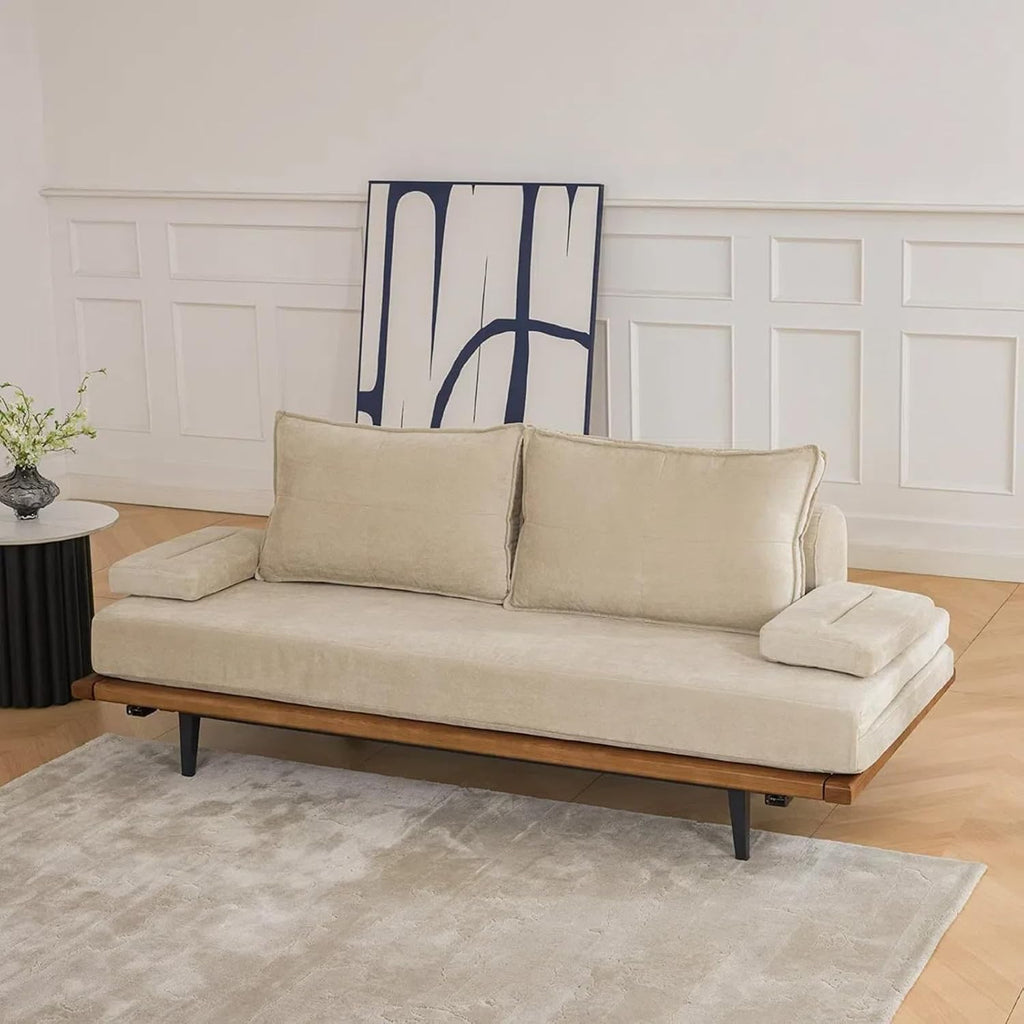 homary Modern Pull Out Sofa Bed - Khaki Convertible Couch, 78.7'' Mid Century Wood with Cotton & Linen
