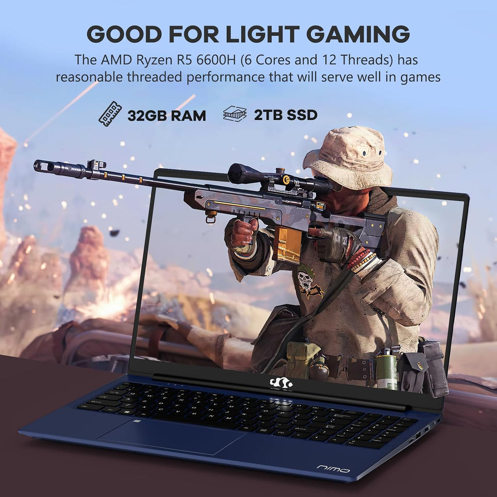 NIMO 15.6'' FHD IPS Business-Laptop-Computer - AMD Ryzen 5 6600H, 32GB DDR5 RAM 2TB SSD(Beat R7 5700U, 6 Cores Up to 4.5GHz), 100W Type-C, 6 Cores 660M GPU, Fingerprint, Backlit Keyboard, Win 11
