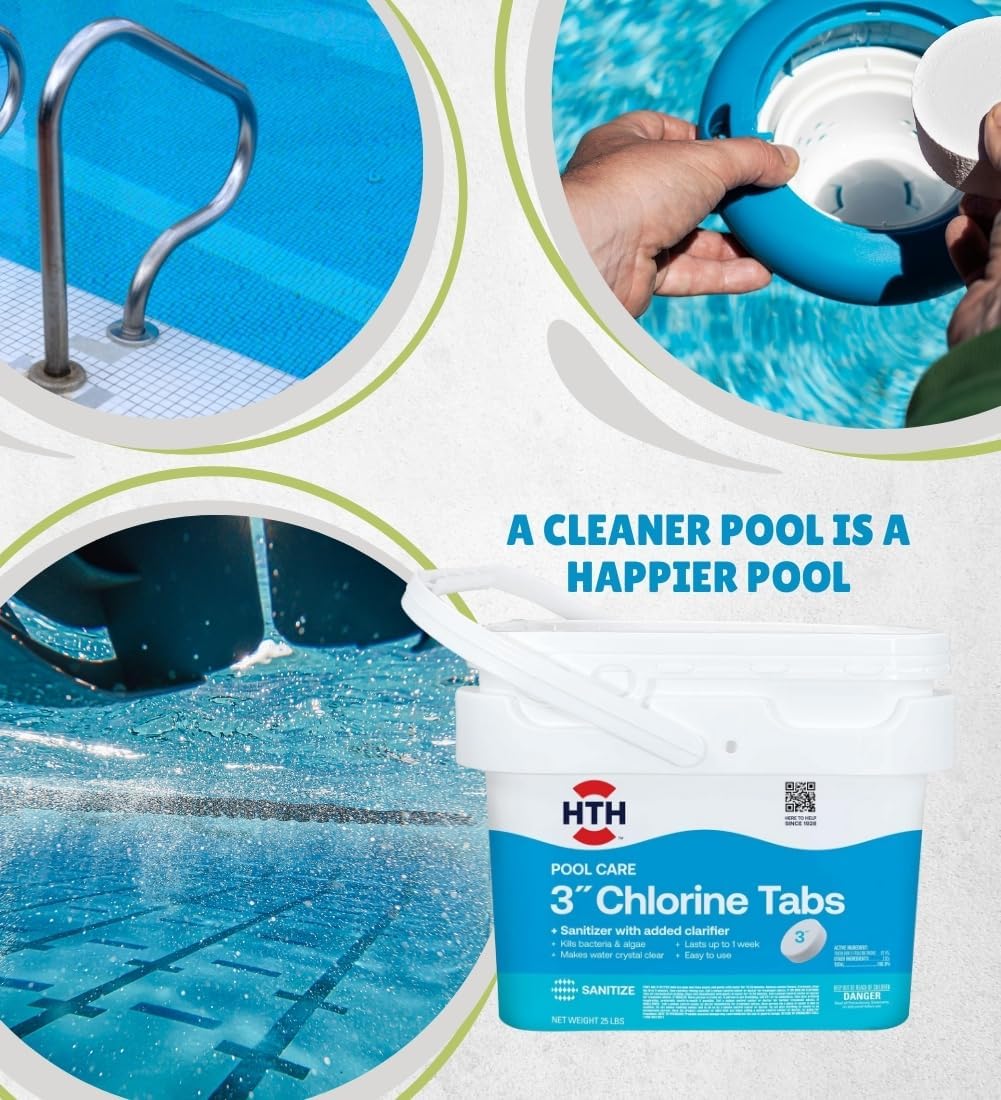 HTH 42046 Swimming Pool Care 3' Chlorine Tabs, Swimming Pool Chlorinating Sanitizer, 25lb
