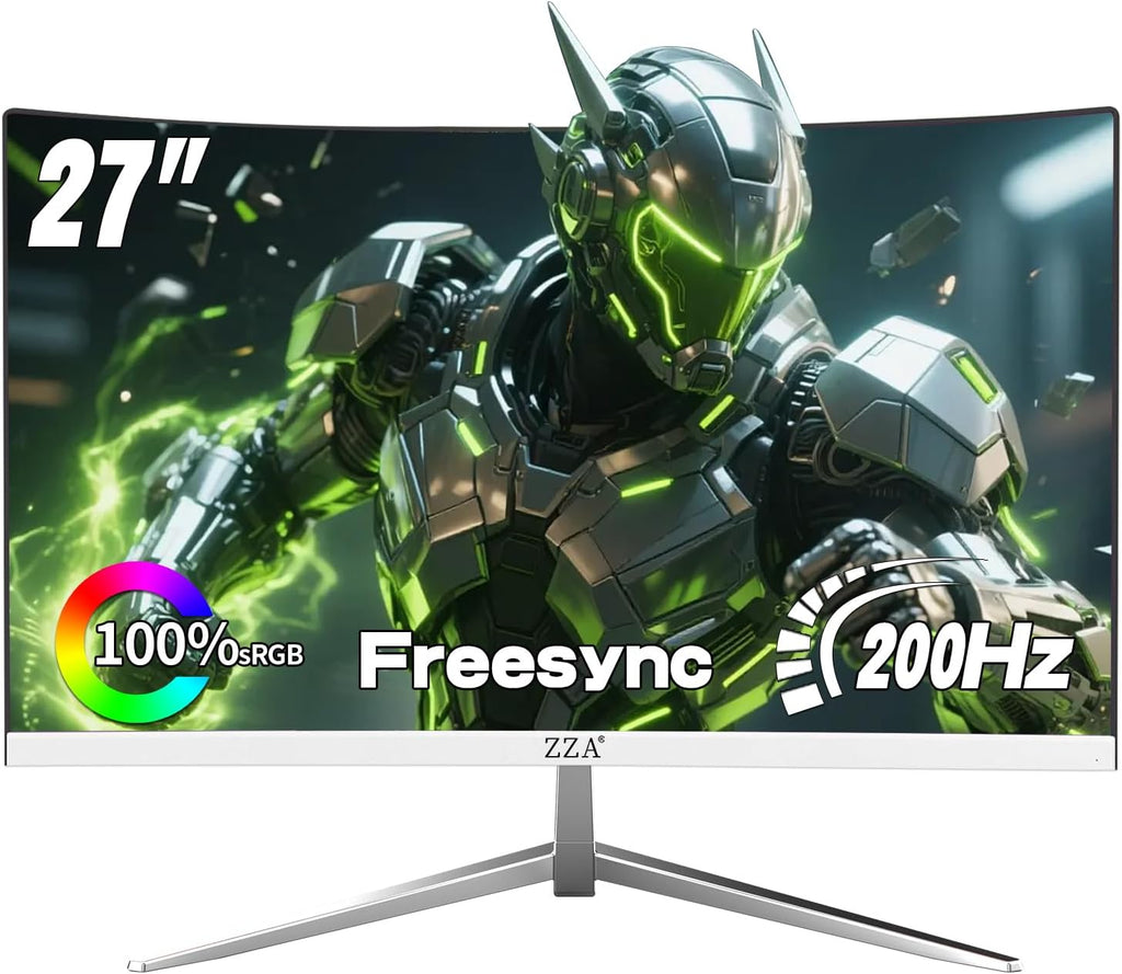 ZZA 27' Curved Gaming Monitor, Full HD(1920x1080P) VA Panel 1800R Computer Monitor,200HZ CP Screen,100% sRGB,3Sides Frameless, Flicker-Less,Blue Light Filter, for Office & Gaming