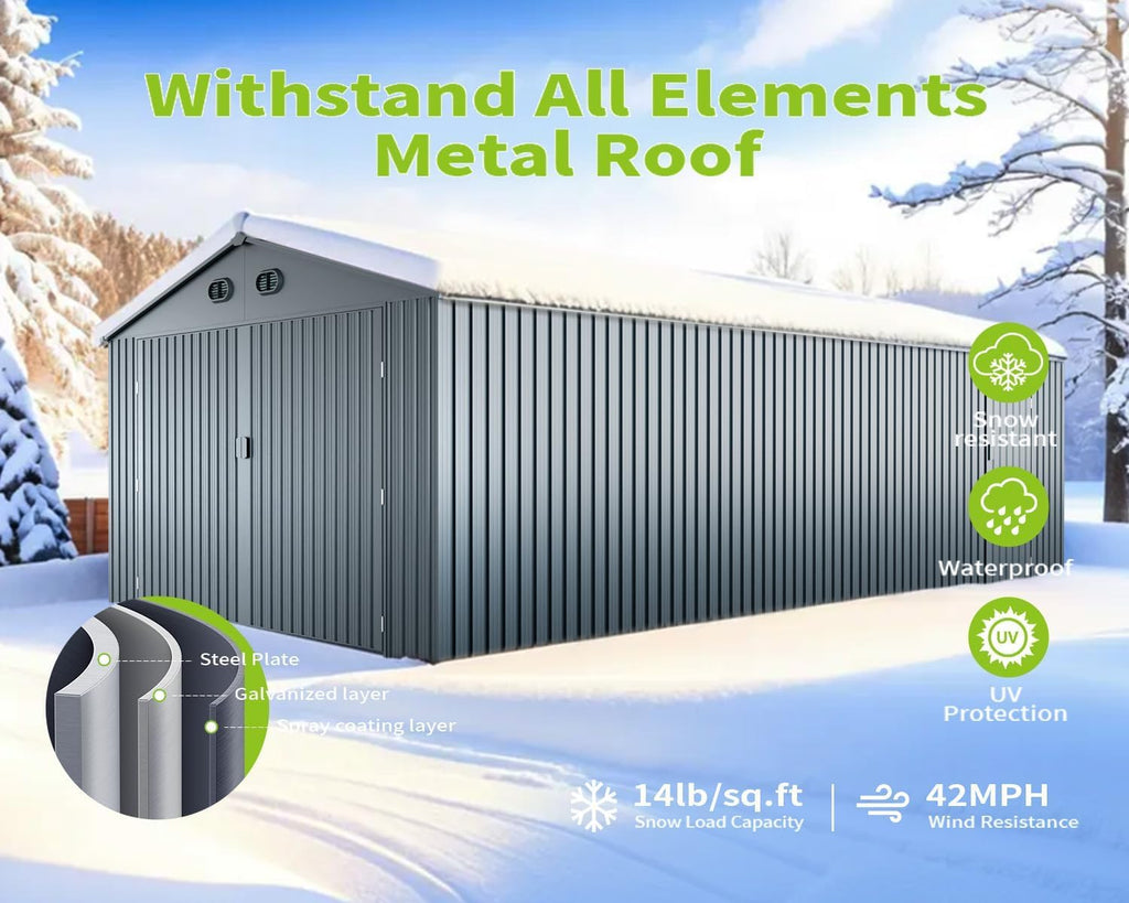 20 x 10 FT Outdoor Storage Shed, Large Metal Garden Shed with 2 Lockable Doors, Tool Shed Outdoor Storage with 4 Air Vents, Garage Shed Waterproof for Car, Truck, Bike, Garbage Can, Tool, Dark Gray