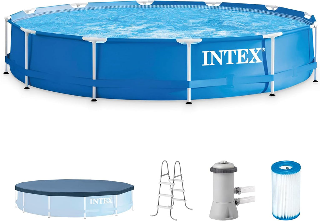 Intex 12' x 30' Round Metal Frame Outdoor Above Ground Swimming Pool Set with Filter Pump, Cartridges, 42 Inch Steel Pool Ladder, and Secure Cover