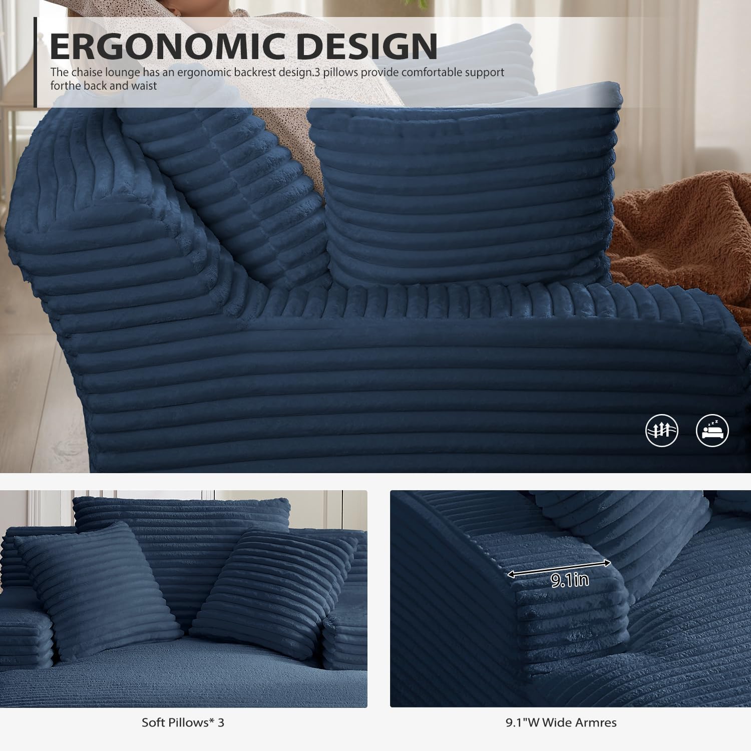 67 Inch Chaise Lounge Chair Indoor, Oversized Corduroy Upholstered Boneless Sofa Bed, Deep Seat Sleeper Couch Reading Chairs, Cloud Sofas Couches for Living Room, No Assembly Required (Blue)