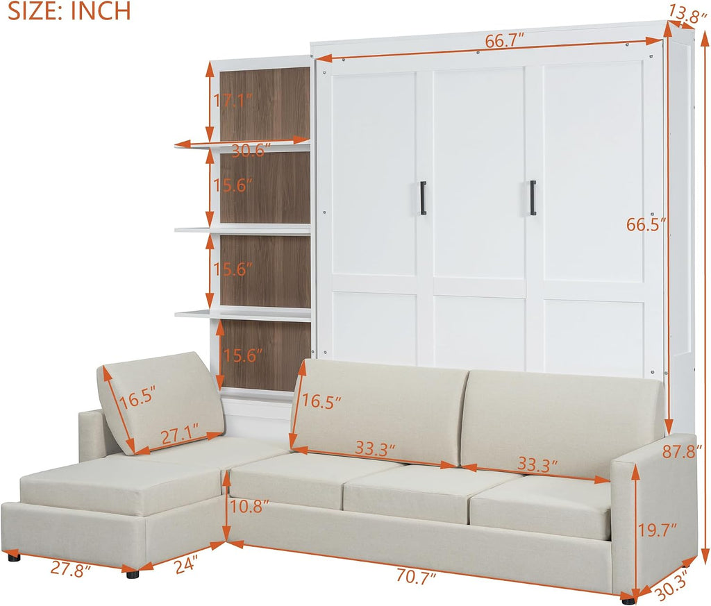 Harper & Bright Designs Queen Size Murphy Bed, Wood Queen Wall Bed with Sofa and Shelves, White