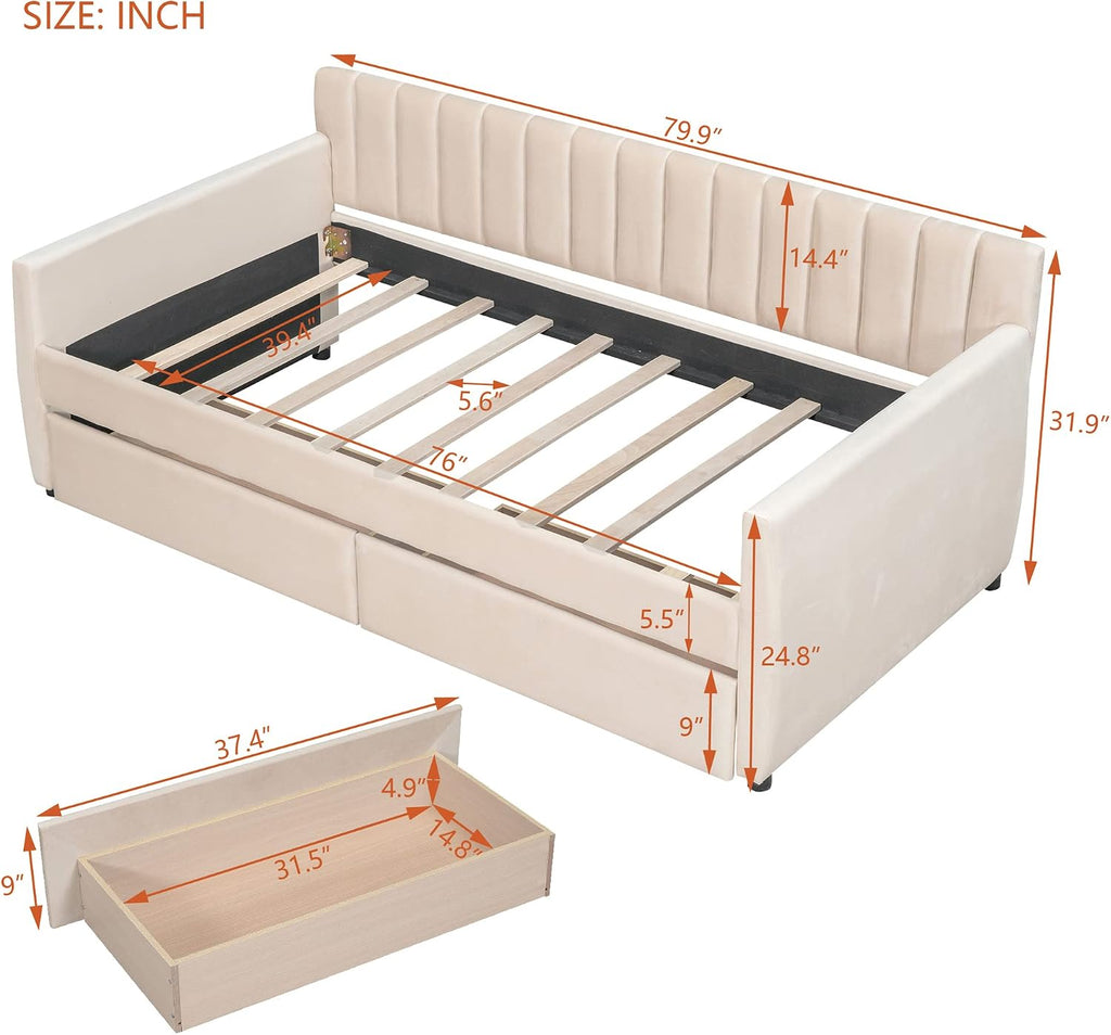 Merax Upholstered Daybed with 2 Drawers, Twin Size Bed Frame with Storage and Wood Slat Support, Beige