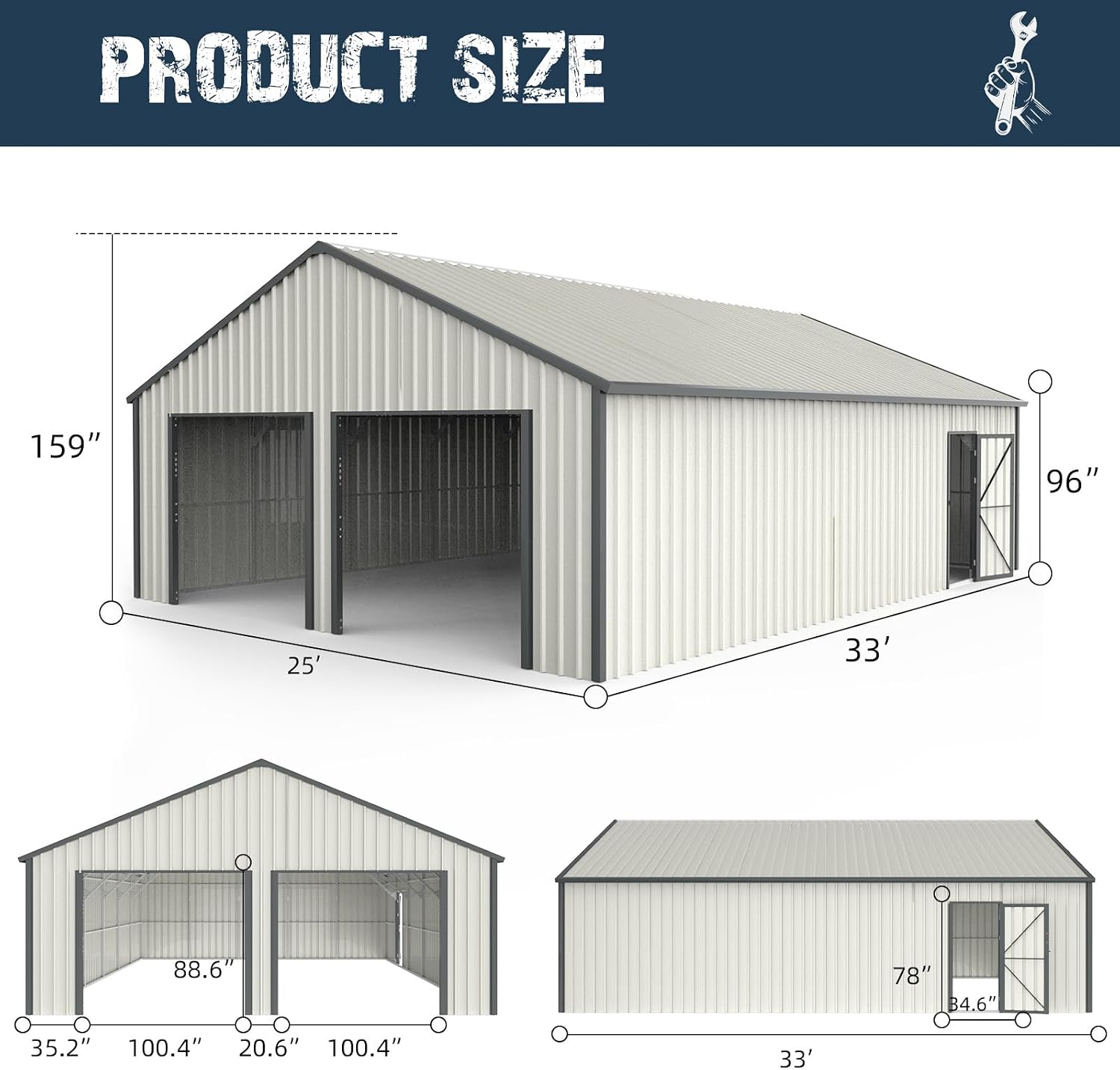 25 x 33 FT Metal Shed, Double Garage Shed with Side Entry Door, 2 Car Prefab Garage with 16 GA Steel Frame, Extra Large Outdoor Storage Building for Truck, Power Tools, Boat, Cream