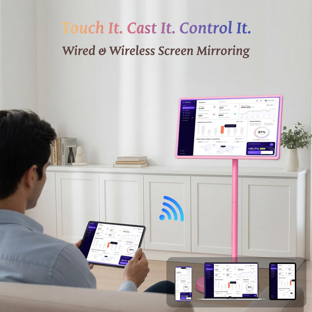 32' Portable Smart TV with Android 15, 1080P Touch Screen Monitor on Wheels, EDLA-Certified, 8GB+128GB Storage, 5MP Camera, 10H Playing Time, Rotatable Display, Wireless Casting, Voice Remote Control