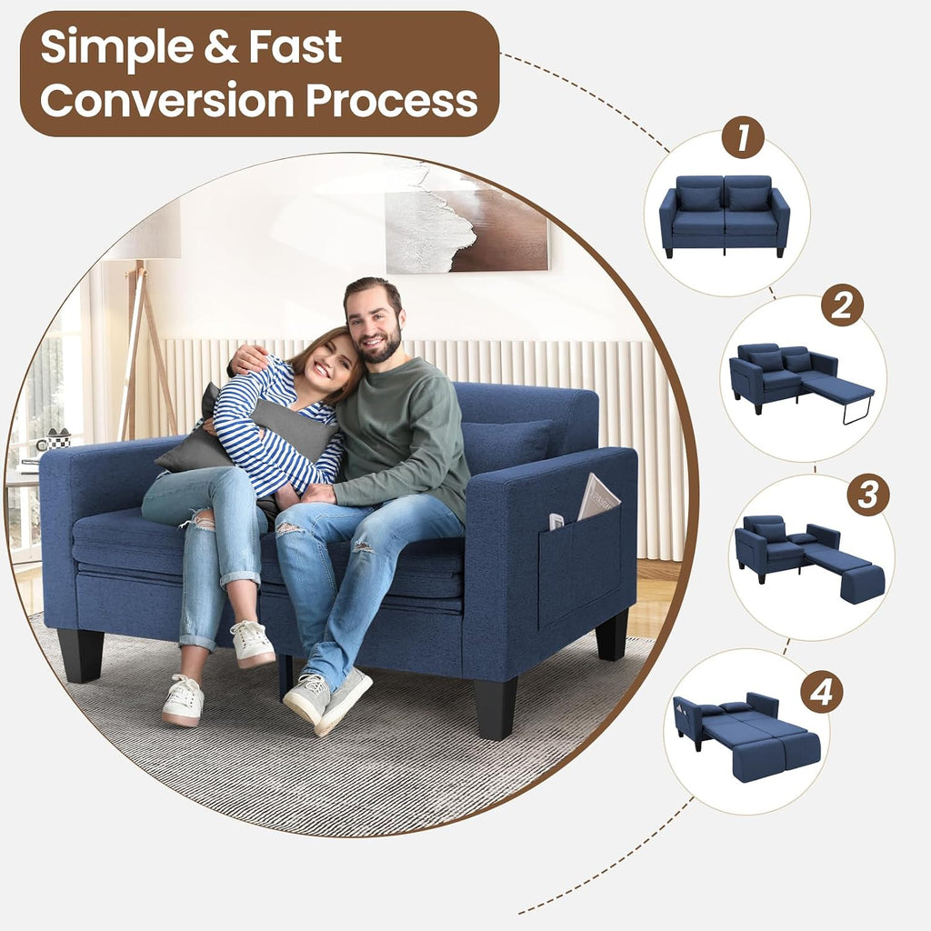 SEJOV 6-in-1 Convertible Sofa Bed, 58' Loveseat Sleeper Sofas with Pull Out Couch Bed, Removable Backrest, Storage Pockets and 2 Pillows, Modern Folding Linen Futon Couch for Small Spaces, Blue