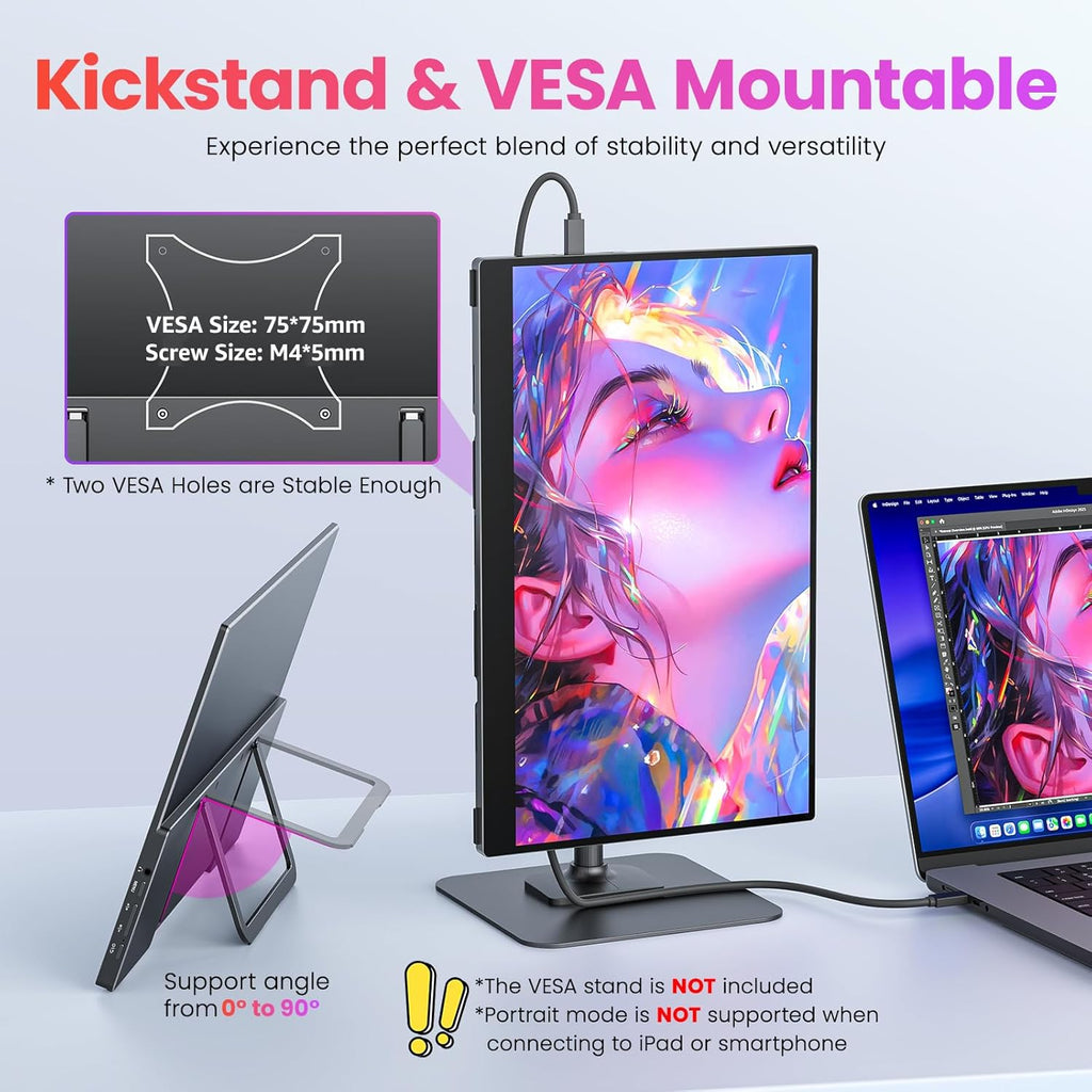 Upperizon Portable Monitor 15.6 inch FHD 90% sRGB 60Hz HDR HDMI USB-C Travel Monitor for Laptop MacBook PC Surface PS5 Xbox, External Display with Kickstand & Speakers, VESA Compatible