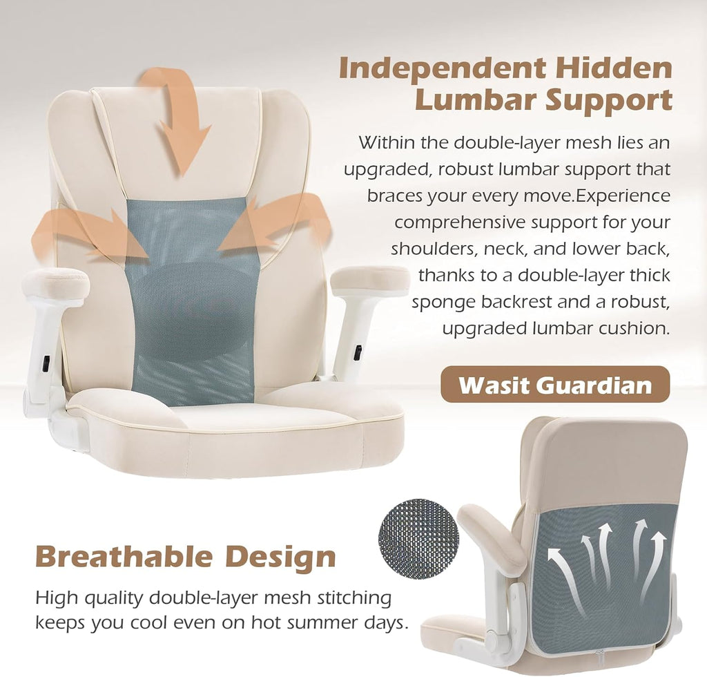 SEATZONE Home Office Desk Chairs with Wheels and Armrests,Office Chair Comfortable Ergonomic Mesh with Teddy Fleece Fabric Executive Computer Chairs for Adults and Teens,Beige