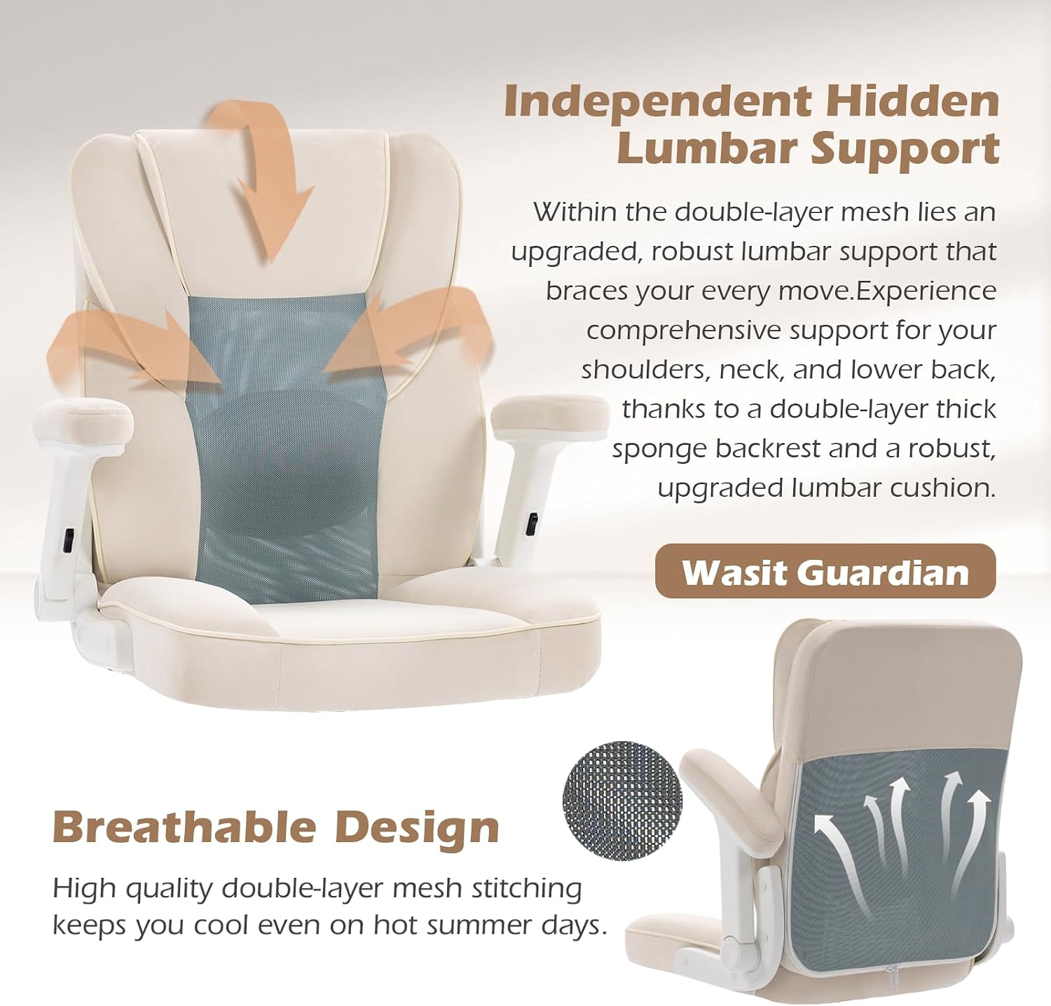 SEATZONE Home Office Desk Chairs with Wheels and Armrests,Office Chair Comfortable Ergonomic Mesh with Teddy Fleece Fabric Executive Computer Chairs for Adults and Teens,Beige