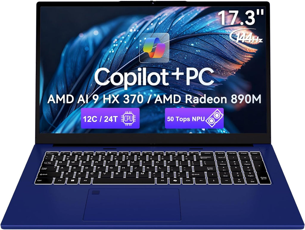17.3' AI Laptop, AMD Ryzen AI 9 HX 370(50 Tops NPU), Radeon 890M, 16GB RAM 1TB SSD, DDR5, 144Hz, PD 100W USB-C 4.0, Copilot+ PC AI Laptop with Wi-Fi 6E for Working Business Student