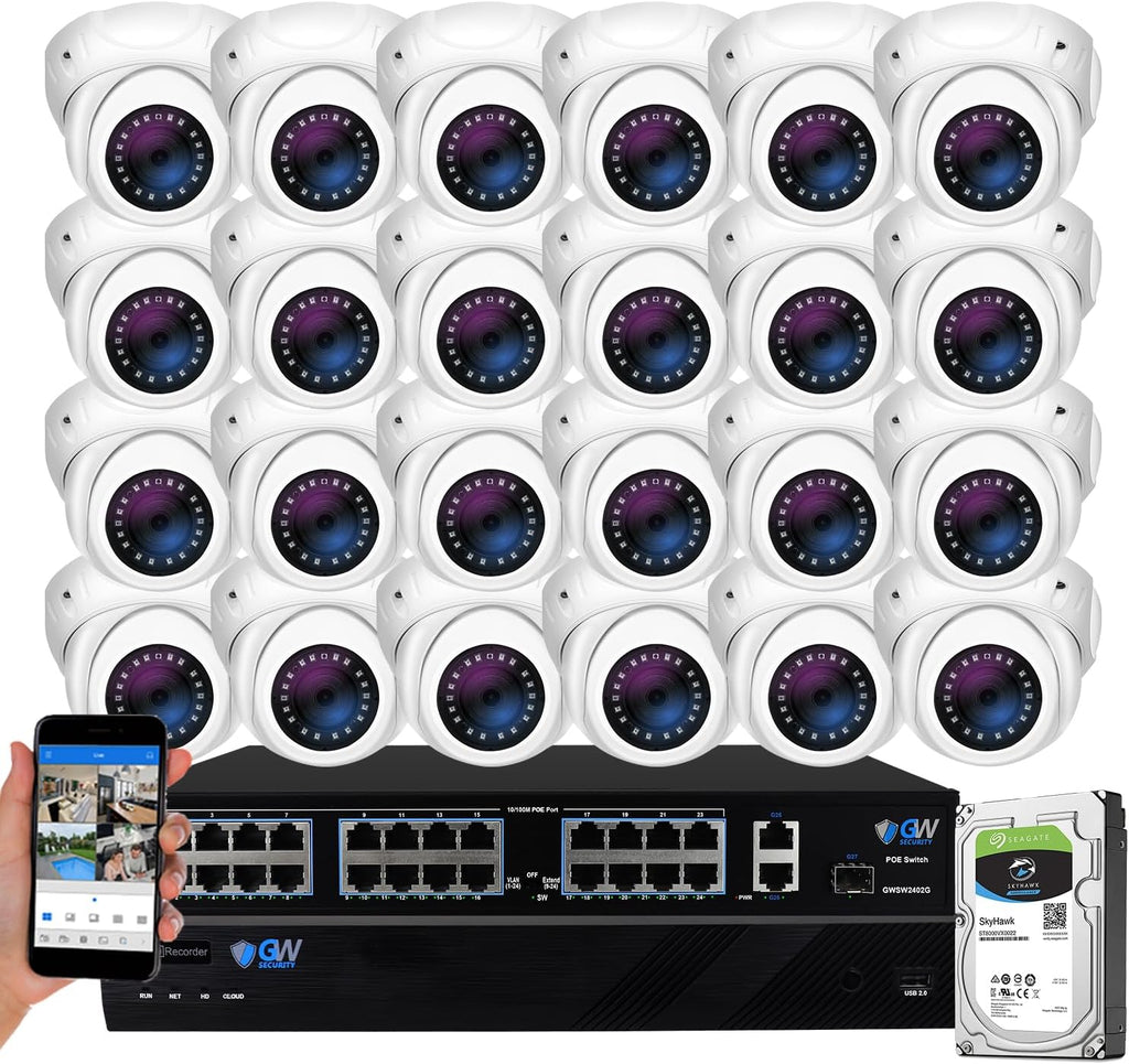 GW Security 32 Channel NVR 5MP PoE Acusearch Surveillance Security Camera System with 24 Super HD 1920P 30FPS Real-Time Waterproof Microphone PoE Security AI Dome Cameras, Face/Human/Car AI Detection