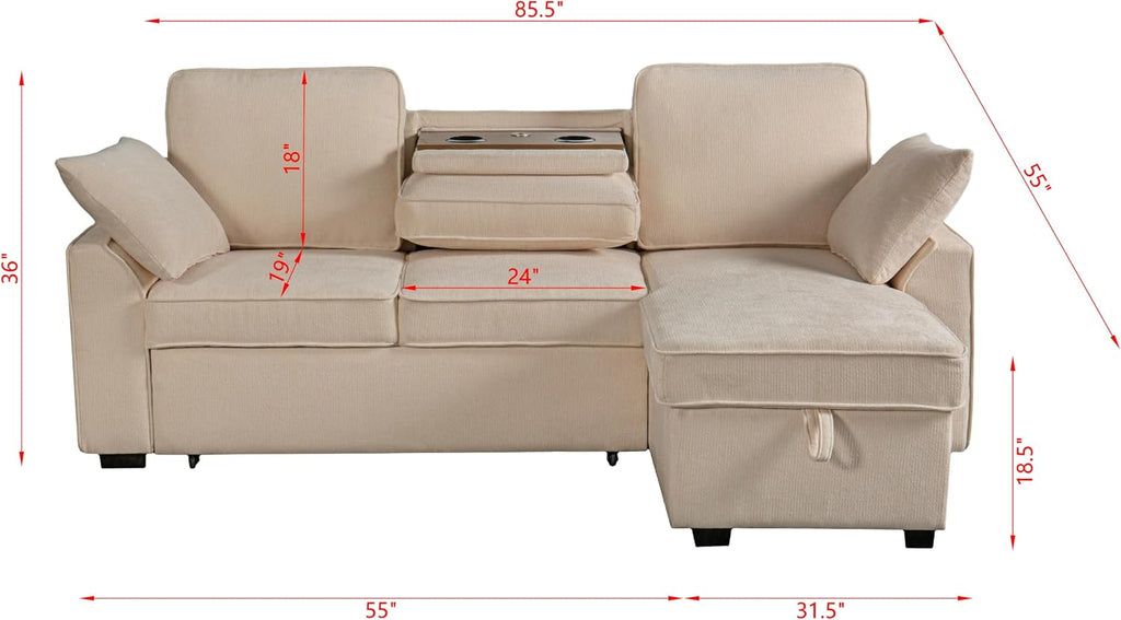 Ball & Cast L-Shape Reversible Sectional Sleeper Sofa Bed 4 in 1 Pull Out Couch with Storage Chaise,Cup Holders & USB Ports,Convertible Sleeper Corner Couch Pull-Out Sofa Bed for Living Room,Office