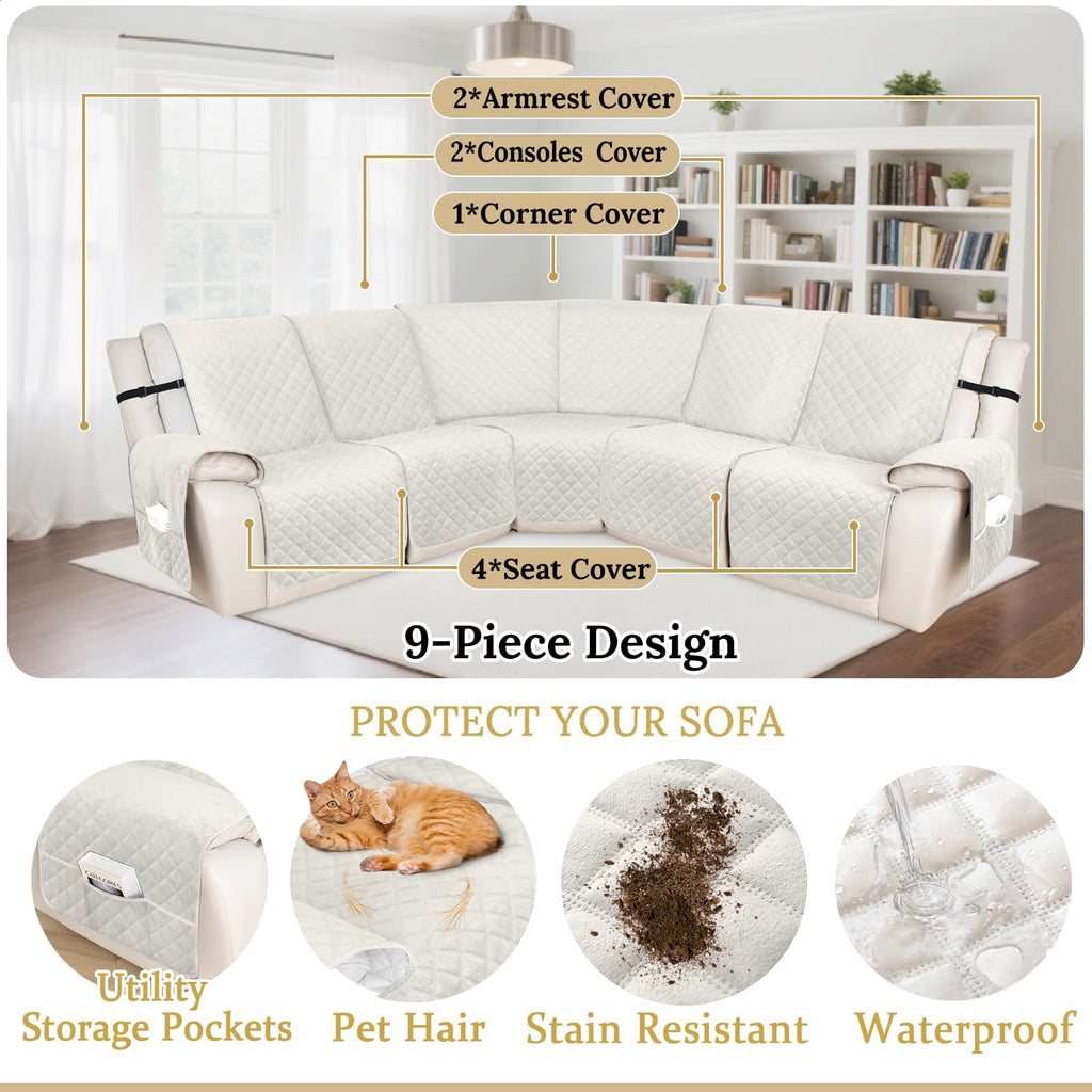 HDCAXKJ 100% Waterproof Velvet Recliner Sectional Couch Covers L Shaped Corner Reclining Sofa Cover Washable Thick Non Slip Sectional Slipcover with Pockets (5 Seat Recliner Couch, Ivory)