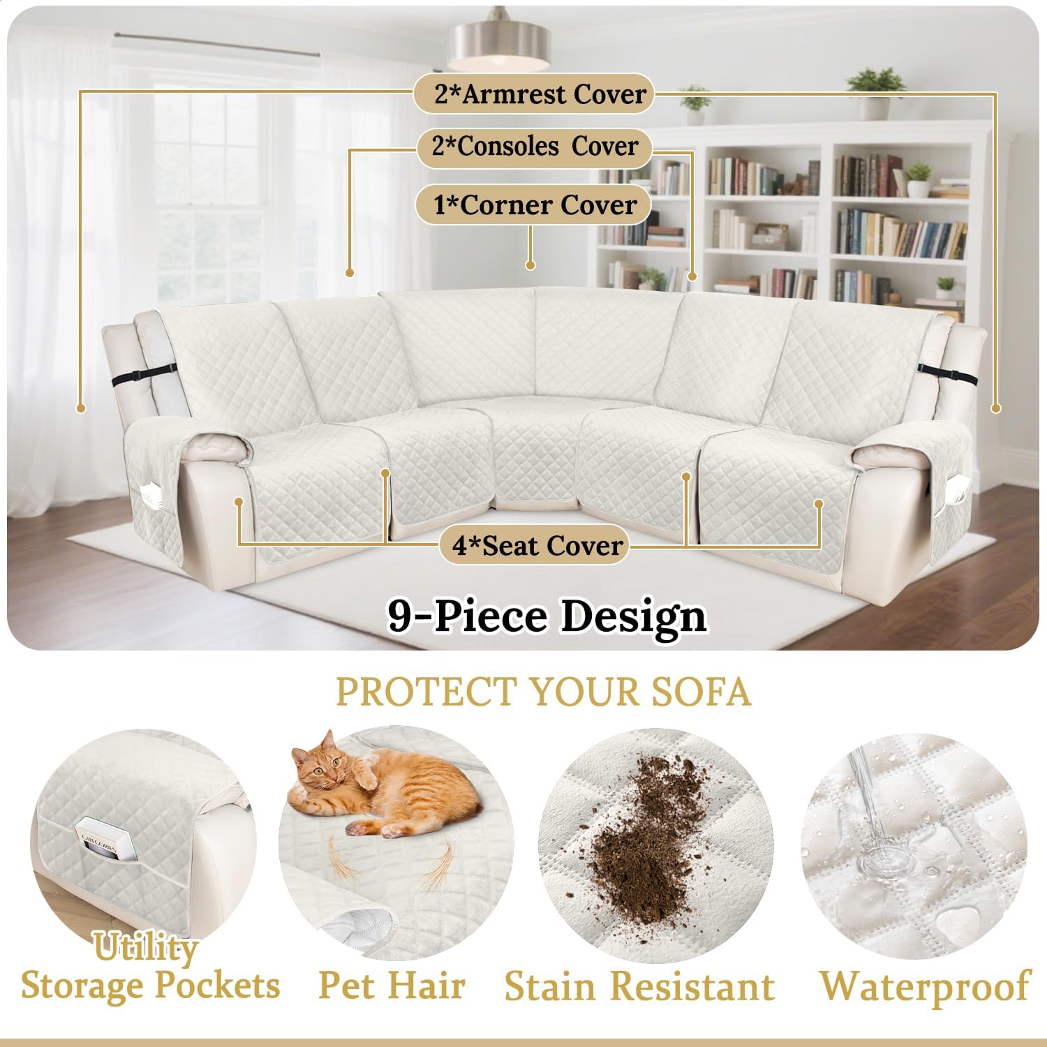 HDCAXKJ 100% Waterproof Velvet Recliner Sectional Couch Covers L Shaped Corner Reclining Sofa Cover Washable Thick Non Slip Sectional Slipcover with Pockets (5 Seat Recliner Couch, Ivory)