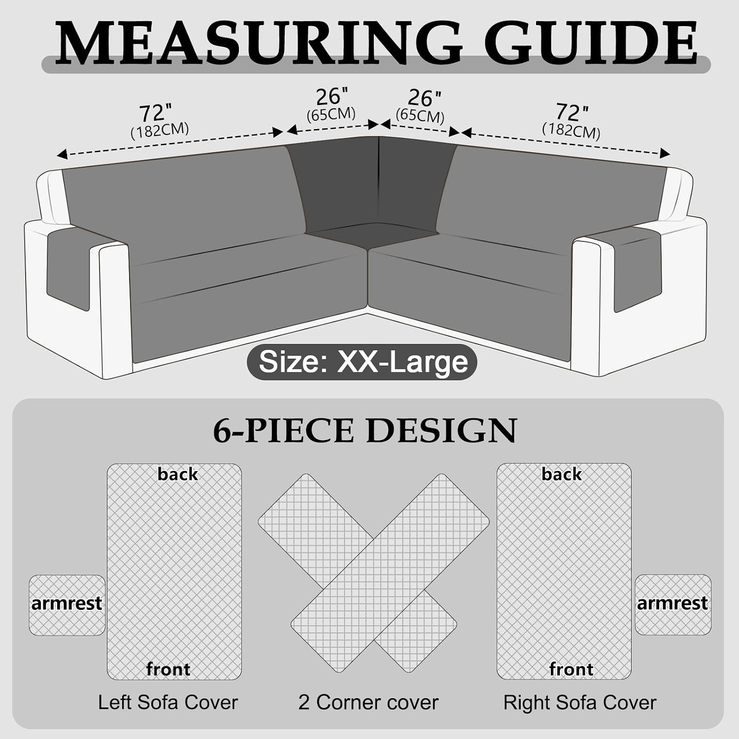 HDCAXKJ Waterproof Sectional Couch Cover L Shaped Sofa Covers Washable Corner Sectional Slipcovers Dog Pet Proof U Shape Furniture Protector with Upgraded Anti Slip Strips (XX-Large, Dark Grey)