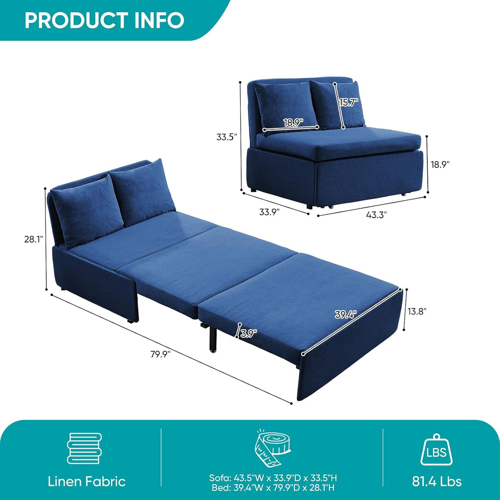 BALUS 43' Width Twin Pull Out Sofa Bed Sleeper Couch with Pullout Beds, 2 in 1 Convertible Linen Sleepers Sofa Single Chair with Pillows and 3.9' Foldable Mattress for Small Space Apartment Loft, Blue