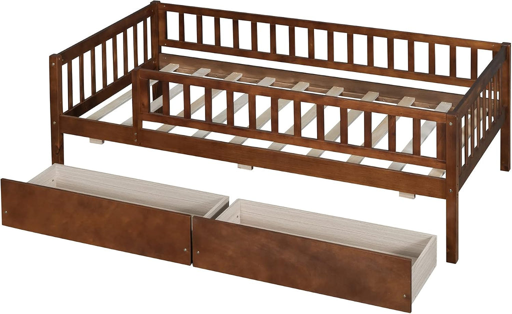 Montessori Bed Frame with Fence Railings and Drawers for Kids,Twin Size Wood Low Platform Bed Frame with Full-Length Safety Guardrails for Boys Girls,No Box Spring Needed,Walnut