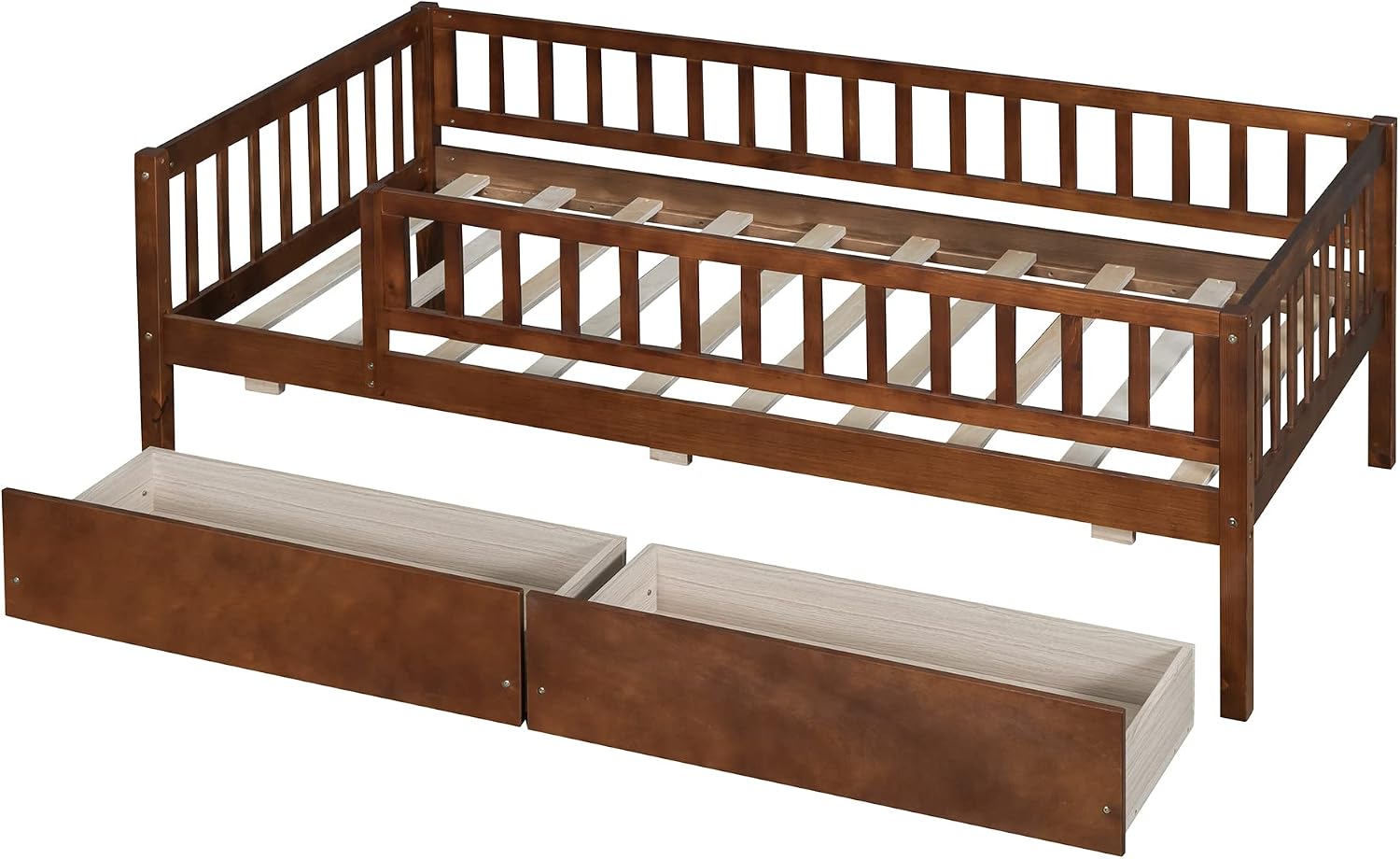 Montessori Bed Frame with Fence Railings and Drawers for Kids,Twin Size Wood Low Platform Bed Frame with Full-Length Safety Guardrails for Boys Girls,No Box Spring Needed,Walnut