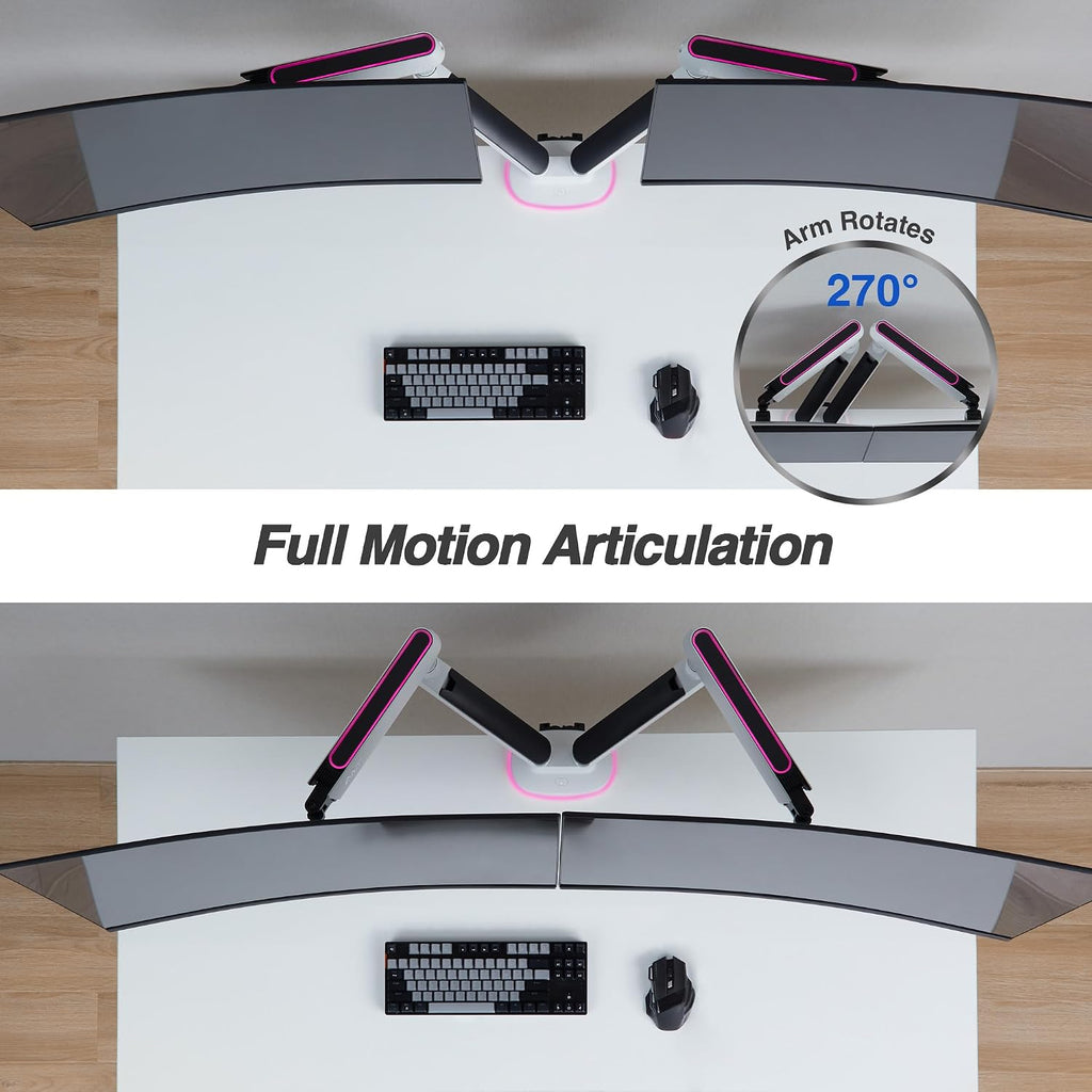 AVLT Dual 27'-43' RGB Gaming Monitor Arm Desk Mount Built-in 20 Lighting Modes Touch Button Control Fits Flat/Curved/Ultrawide Screen Height Swivel Tilt Rotation Adjustable Stand -White