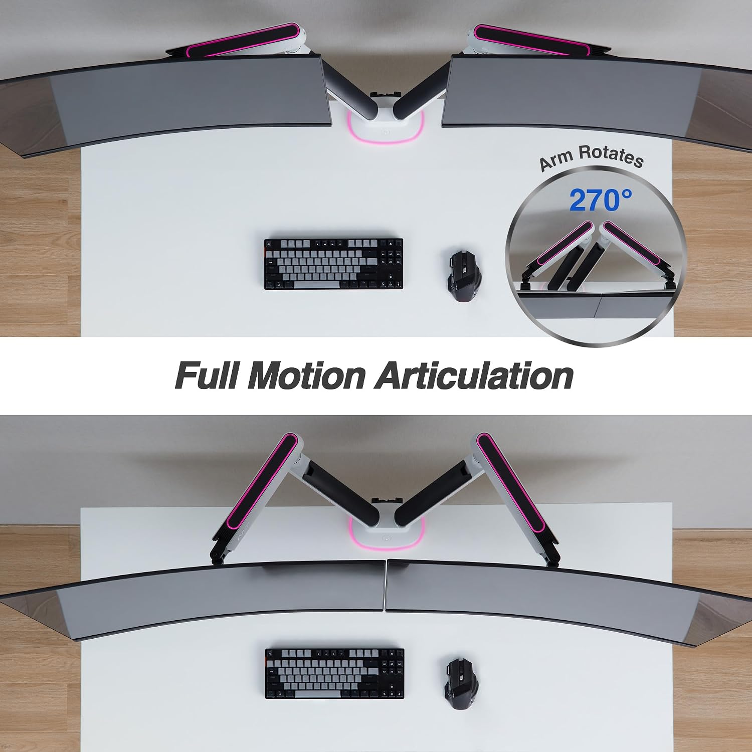 AVLT Dual 27'-43' RGB Gaming Monitor Arm Desk Mount Built-in 20 Lighting Modes Touch Button Control Fits Flat/Curved/Ultrawide Screen Height Swivel Tilt Rotation Adjustable Stand -White