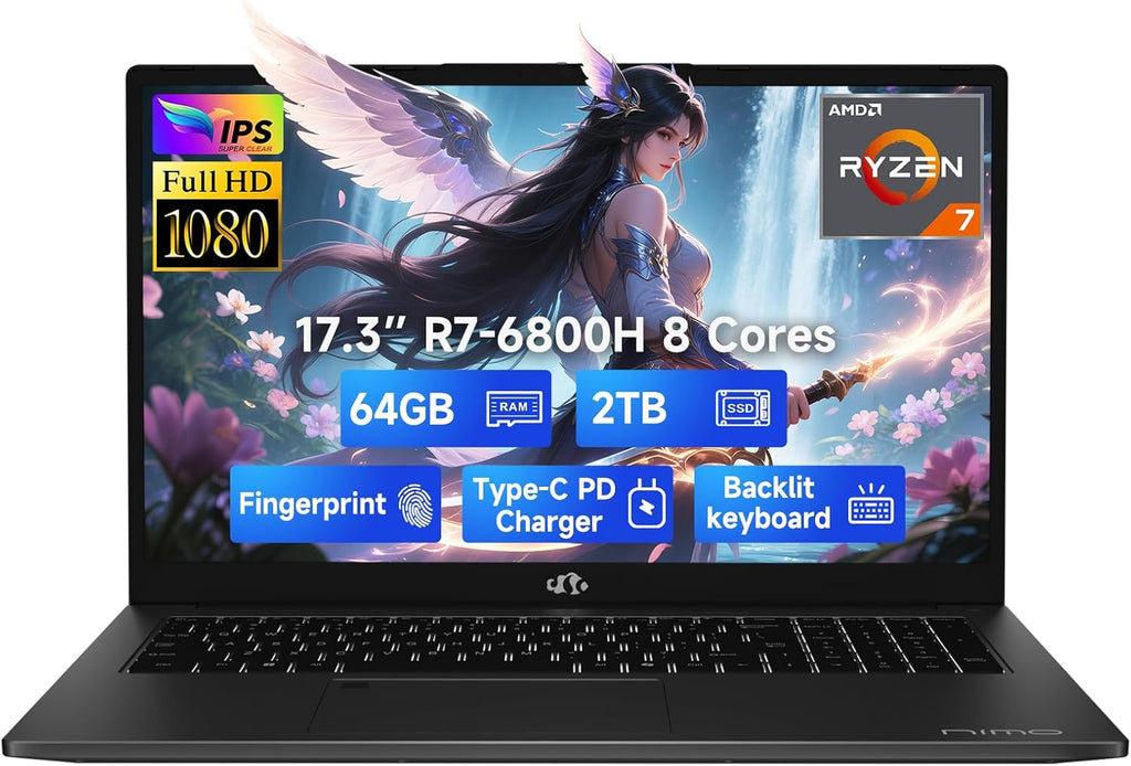 NIMO 17.3' IPS FHD-Gaming-Laptop, 8 Cores AMD Ryzen 7 6800H 64GB DDR5 RAM 2TB SSD (Beat i7-12700H Up to 4.7GHz) AMD Radeon 680M GPU-Computer with 100W Type-C Backlit Keyboard Fingerprint