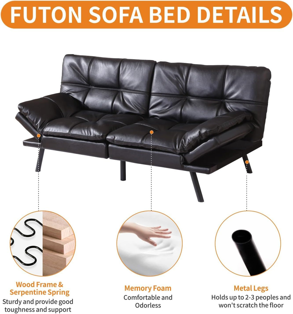 MUUEGM 71-Inch Convertible Futon Sofa Bed with Adjustable Backrest & Removable Armrests, Foldable Sleeper Loveseat for Small Space Living Room, Studio Apartment, Home Office，Black