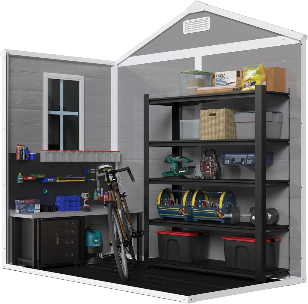 Ball & Cast 6x6 FT Storage Shed, Waterproof Resin Outdoor Tool Cabinet with Floor & Window,Garden House w/Lockable Doors and Vents,for Bicycles,Lawnmowers,Lawn,All Weather Use,Light Grey
