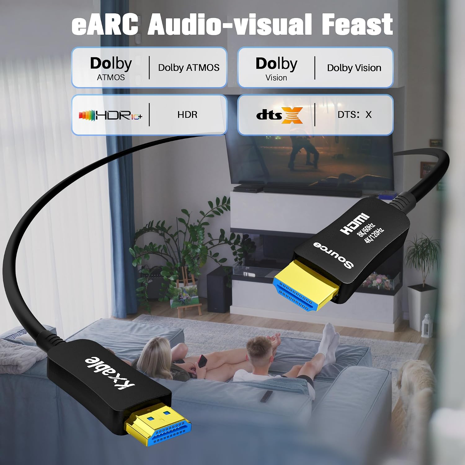 8K HDMI Fiber Optic Cable 300FT, HDMI 2.1 48Gbps Ultra High Speed Cord, 8K@60Hz, 4K@120Hz, 3D Dynamic HDR/eARC/HDCP 2.3, Compatible with Laptop/Monitor/Projector, PS5, Xbox, HDTV, Blu-ray & More