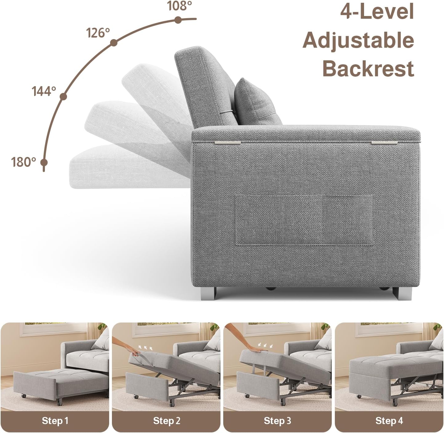 Ahomly 87' Convertible Sofa Bed – Space-Saving Sleeper with Pull-Out Design, Adjustable Backrest, Wide Armrests with Storage, Plush Cushions, Cozy for Small Spaces (Light Grey)
