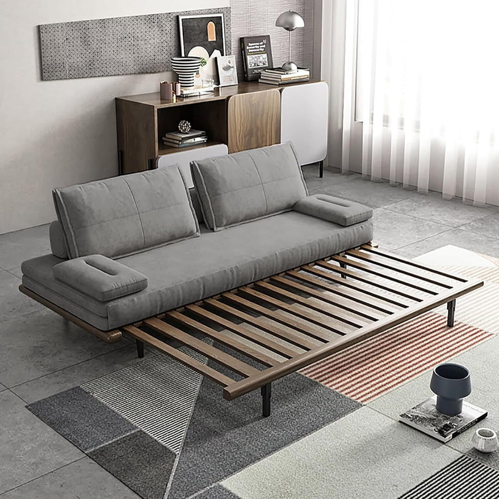 homary Modern Pull Out Sofa Bed Khaki Sleeper Sofa 78.7'' Mid Century Wood Convertible Sofa with Pull Out Bed Cotton & Linen (Gray)