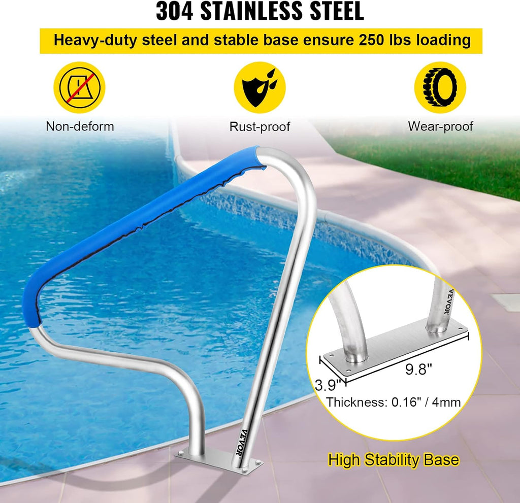 VEVOR Pool Rail 48x36 Pool Railing Brushed Stainless Steel 250LBS Load Capacity Silver Rustproof Pool Handrail Humanized Swimming Pool Handrail with Blue Grip Cover & M8 Drill Bit & Self-Taping Screws