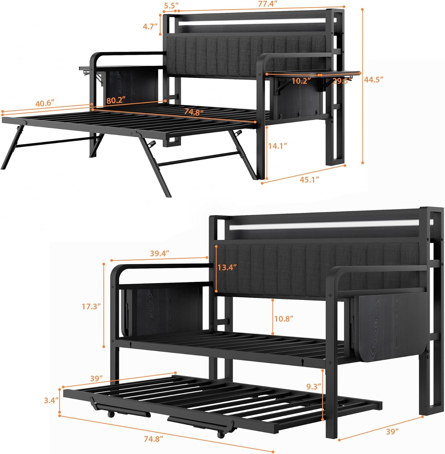 Daybed with Trundle and LED Light, Heavy Duty Metal Twin Bed Frame with Upholstered Storage Headboard & Charging Station, Day Bed Pop Up Trundle Bed Twin for Living Room,Bedroom and Guest Room (Black)
