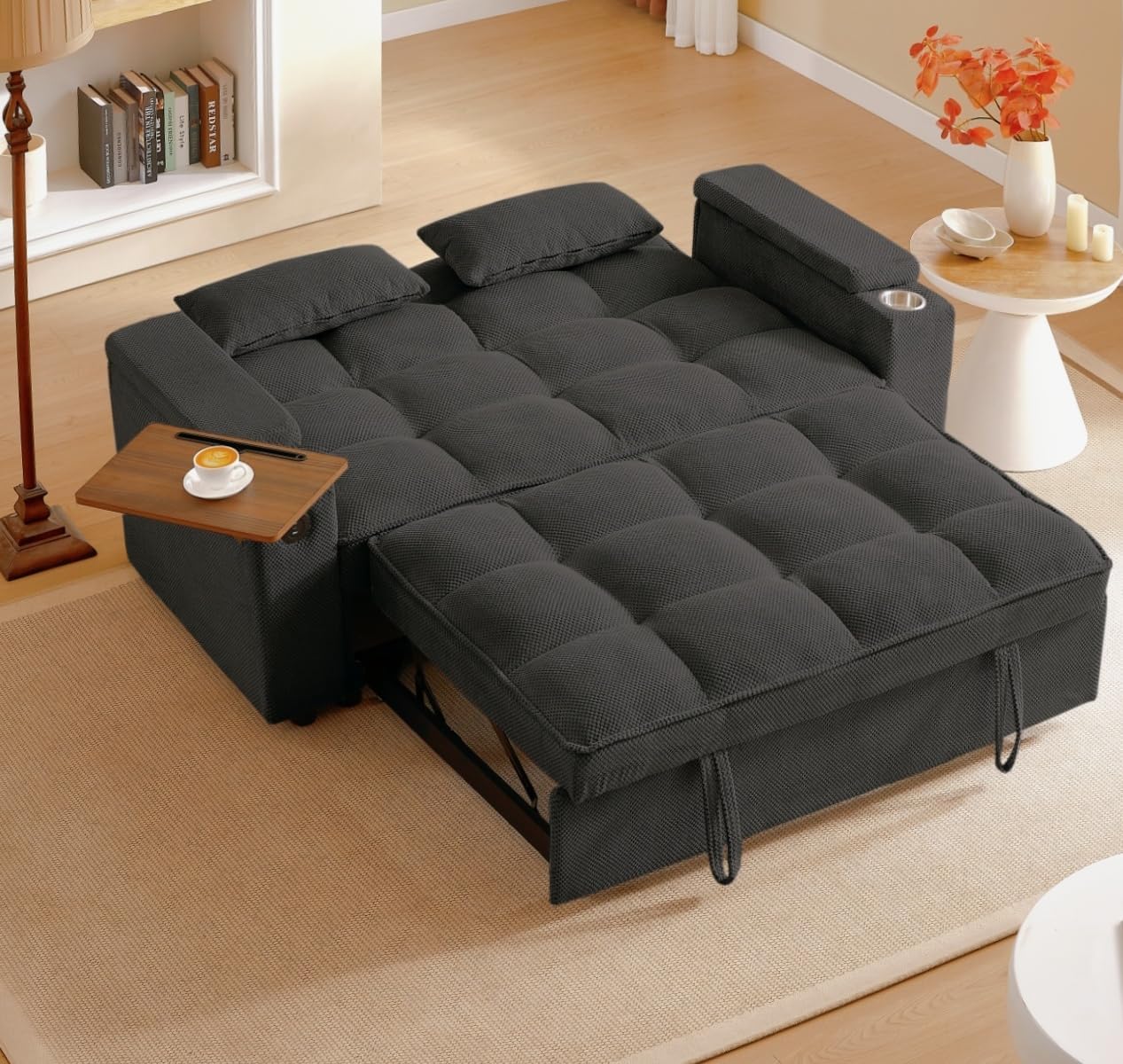 oaaktu Large Size Convertible Sleeper Sofa Bed,Polka dot Velvet Pull Out Futon Couch with Storage handrails & Rotating Side Tables,Convertible Sofa Couch for Living Room,RV